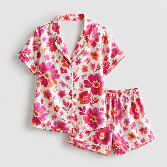 PJ-503-Cream Floral Pajama Apparel, Botanical Pattern Loungewear Sleepwear Collection Top Bottom Clothing