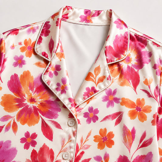 PJ-503-Cream Floral Pajama Apparel, Botanical Pattern Loungewear Sleepwear Collection Top Bottom Clothing