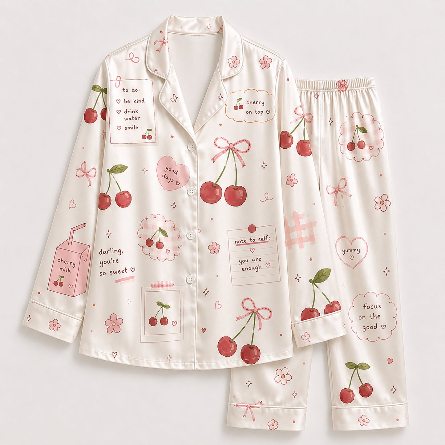 PJ-505-White Fabric Aesthetic Pajama Apparel, Whimsical Heart Graphic Loungewear Sleepwear Collection Top Bottom Raiment