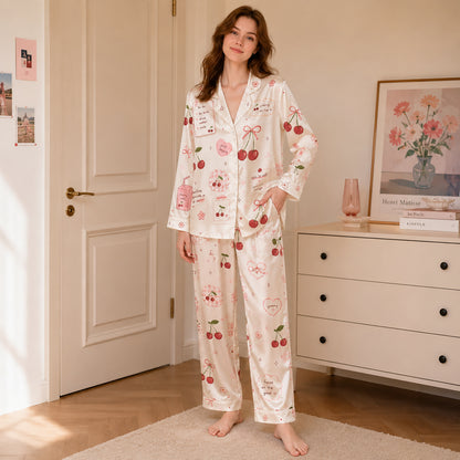 PJ-505-White Fabric Aesthetic Pajama Apparel, Whimsical Heart Graphic Loungewear Sleepwear Collection Top Bottom Raiment
