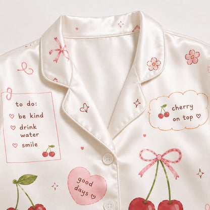 PJ-505-White Fabric Aesthetic Pajama Apparel, Whimsical Heart Graphic Loungewear Sleepwear Collection Top Bottom Raiment