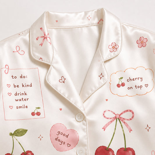 PJ-505-White Fabric Aesthetic Pajama Apparel, Whimsical Heart Graphic Loungewear Sleepwear Collection Top Bottom Raiment