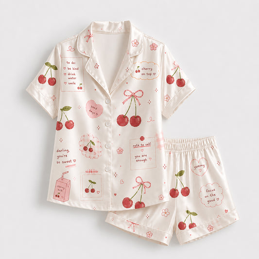 PJ-505-White Fabric Aesthetic Pajama Apparel, Whimsical Heart Graphic Loungewear Sleepwear Collection Top Bottom Raiment