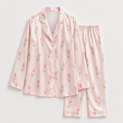 PJ-506-Pink Tulip Pajama Apparel, Botanical Pattern Loungewear Sleepwear Collection Top Bottom Clothing