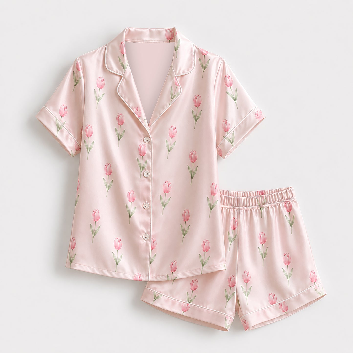 PJ-506-Pink Tulip Pajama Apparel, Botanical Pattern Loungewear Sleepwear Collection Top Bottom Clothing