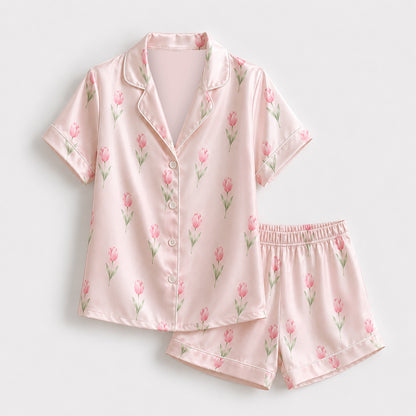 PJ-506-Pink Tulip Pajama Apparel, Botanical Pattern Loungewear Sleepwear Collection Top Bottom Clothing