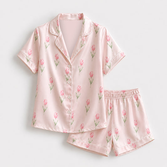 PJ-506-Pink Tulip Pajama Apparel, Botanical Pattern Loungewear Sleepwear Collection Top Bottom Clothing