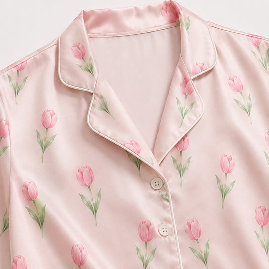 PJ-506-Pink Tulip Pajama Apparel, Botanical Pattern Loungewear Sleepwear Collection Top Bottom Clothing