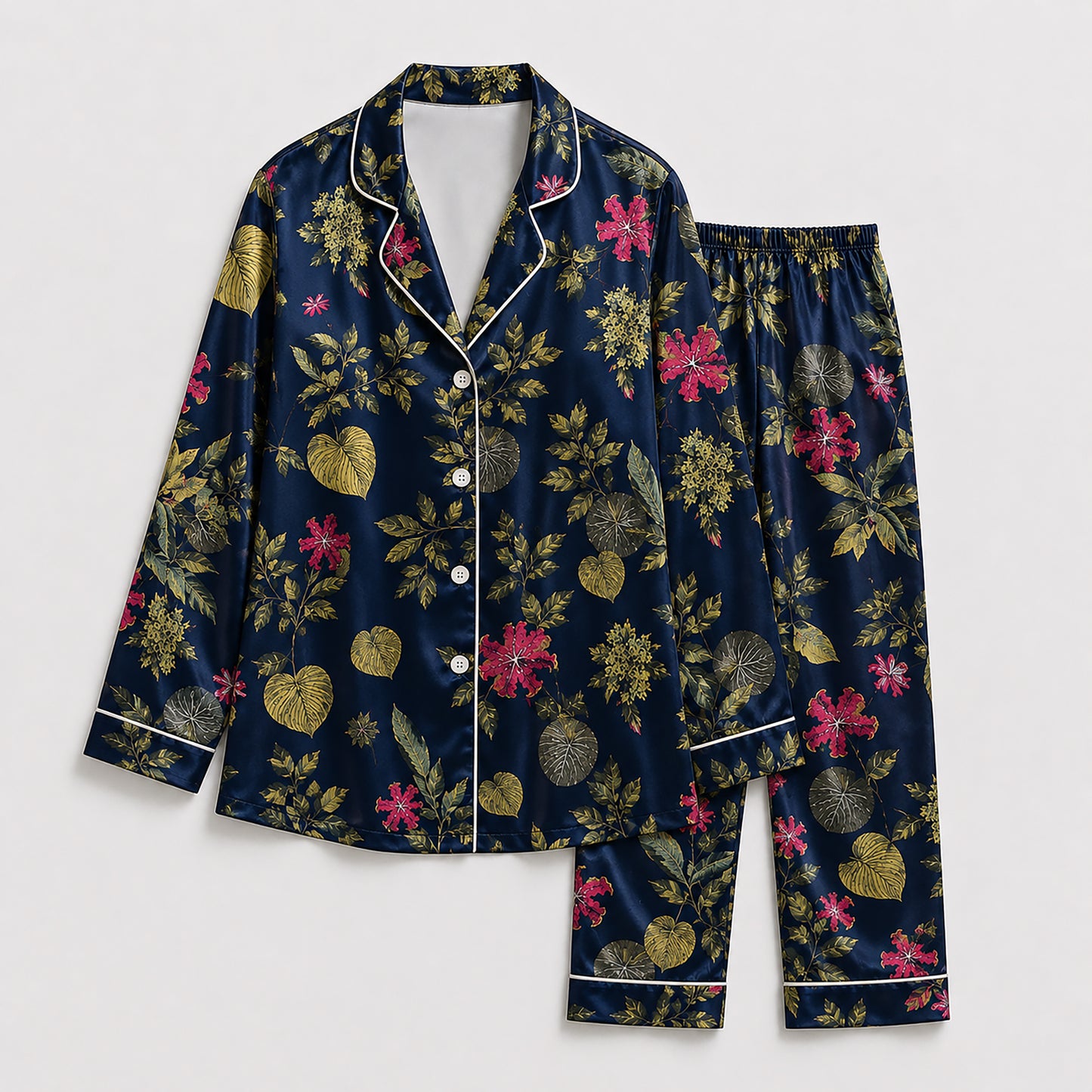 PJ-507-Navy Floral Pajama Apparel, Botanical Pattern Loungewear Sleepwear Collection Top Bottom Matching Clothing