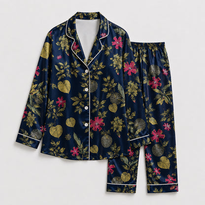 PJ-507-Navy Floral Pajama Apparel, Botanical Pattern Loungewear Sleepwear Collection Top Bottom Matching Clothing
