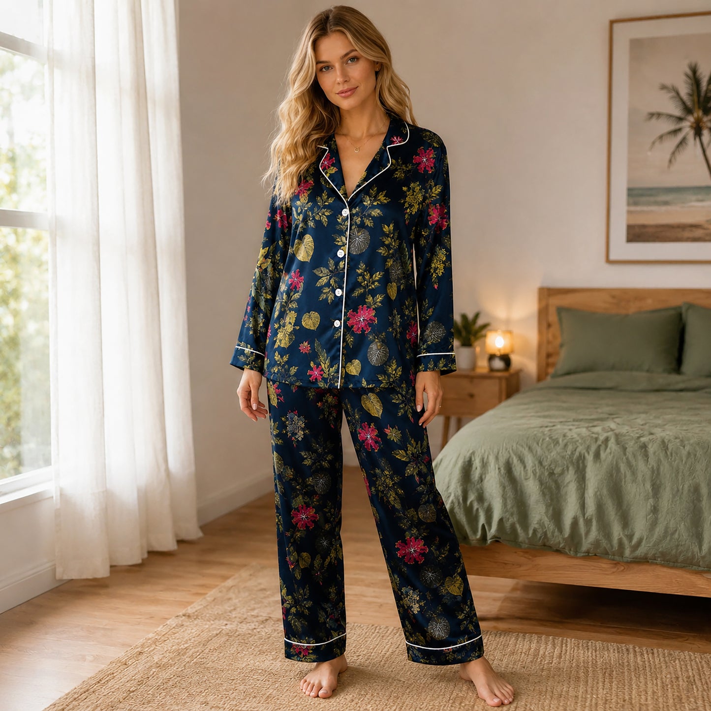 PJ-507-Navy Floral Pajama Apparel, Botanical Pattern Loungewear Sleepwear Collection Top Bottom Matching Clothing