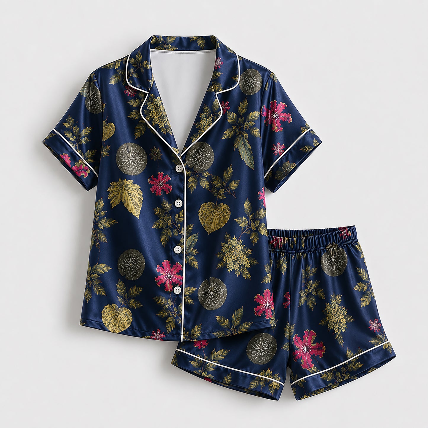 PJ-507-Navy Floral Pajama Apparel, Botanical Pattern Loungewear Sleepwear Collection Top Bottom Matching Clothing