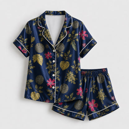 PJ-507-Navy Floral Pajama Apparel, Botanical Pattern Loungewear Sleepwear Collection Top Bottom Matching Clothing