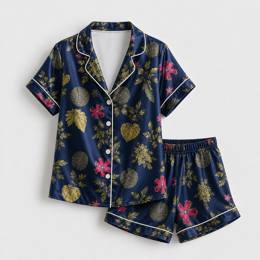 PJ-507-Navy Floral Pajama Apparel, Botanical Pattern Loungewear Sleepwear Collection Top Bottom Matching Clothing