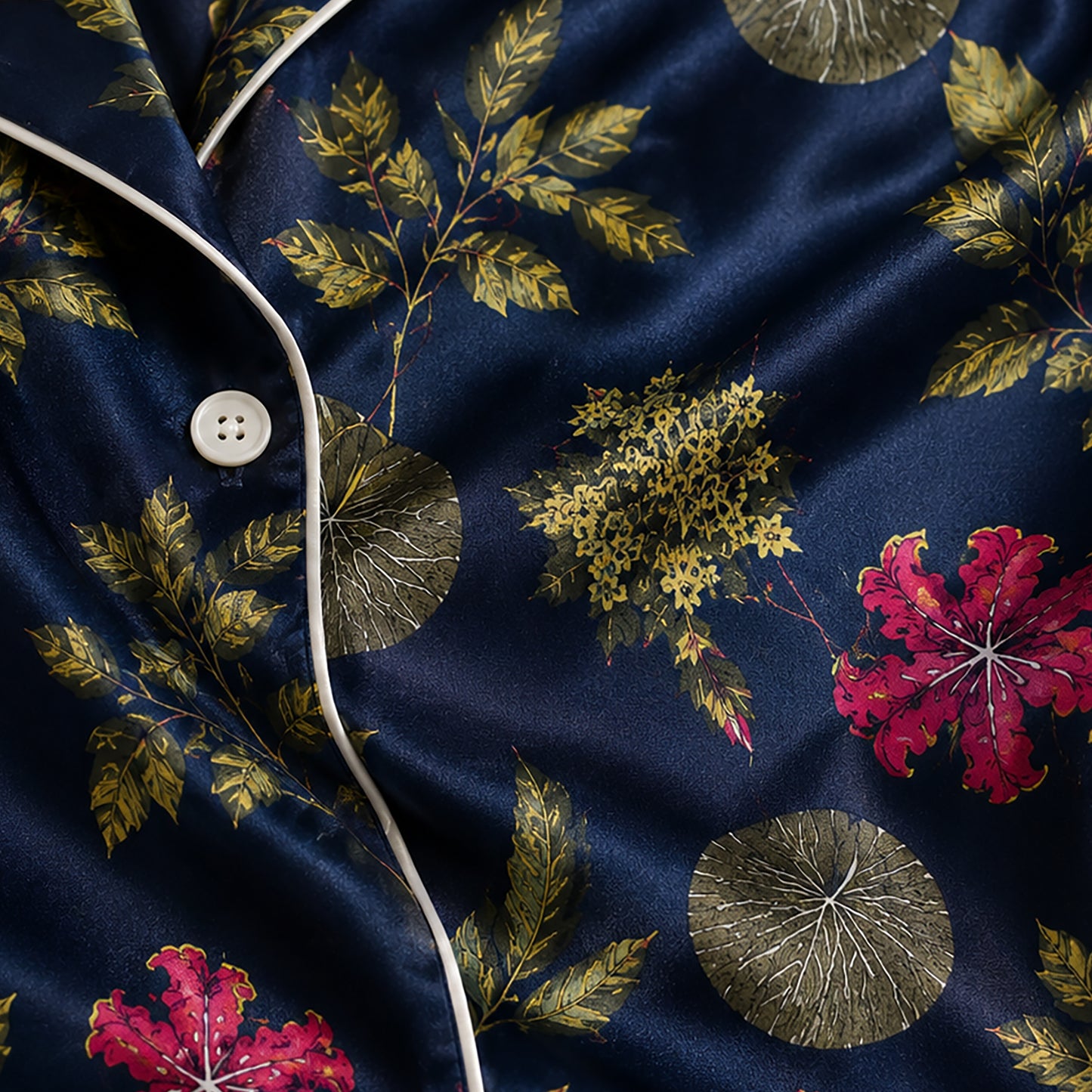 PJ-507-Navy Floral Pajama Apparel, Botanical Pattern Loungewear Sleepwear Collection Top Bottom Matching Clothing