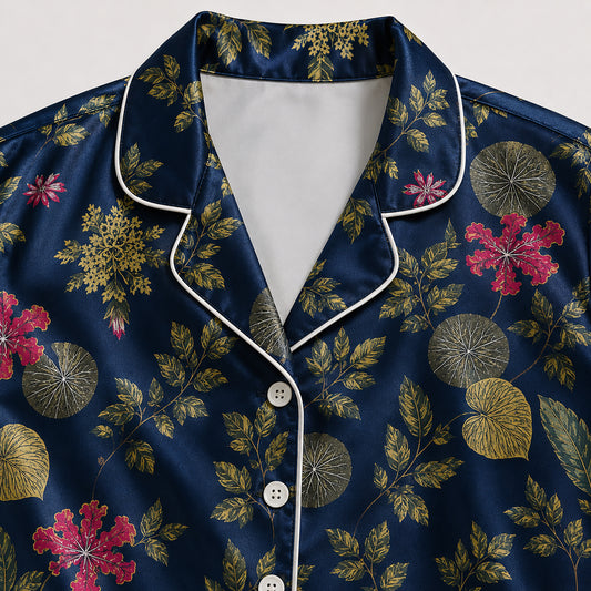 PJ-507-Navy Floral Pajama Apparel, Botanical Pattern Loungewear Sleepwear Collection Top Bottom Matching Clothing