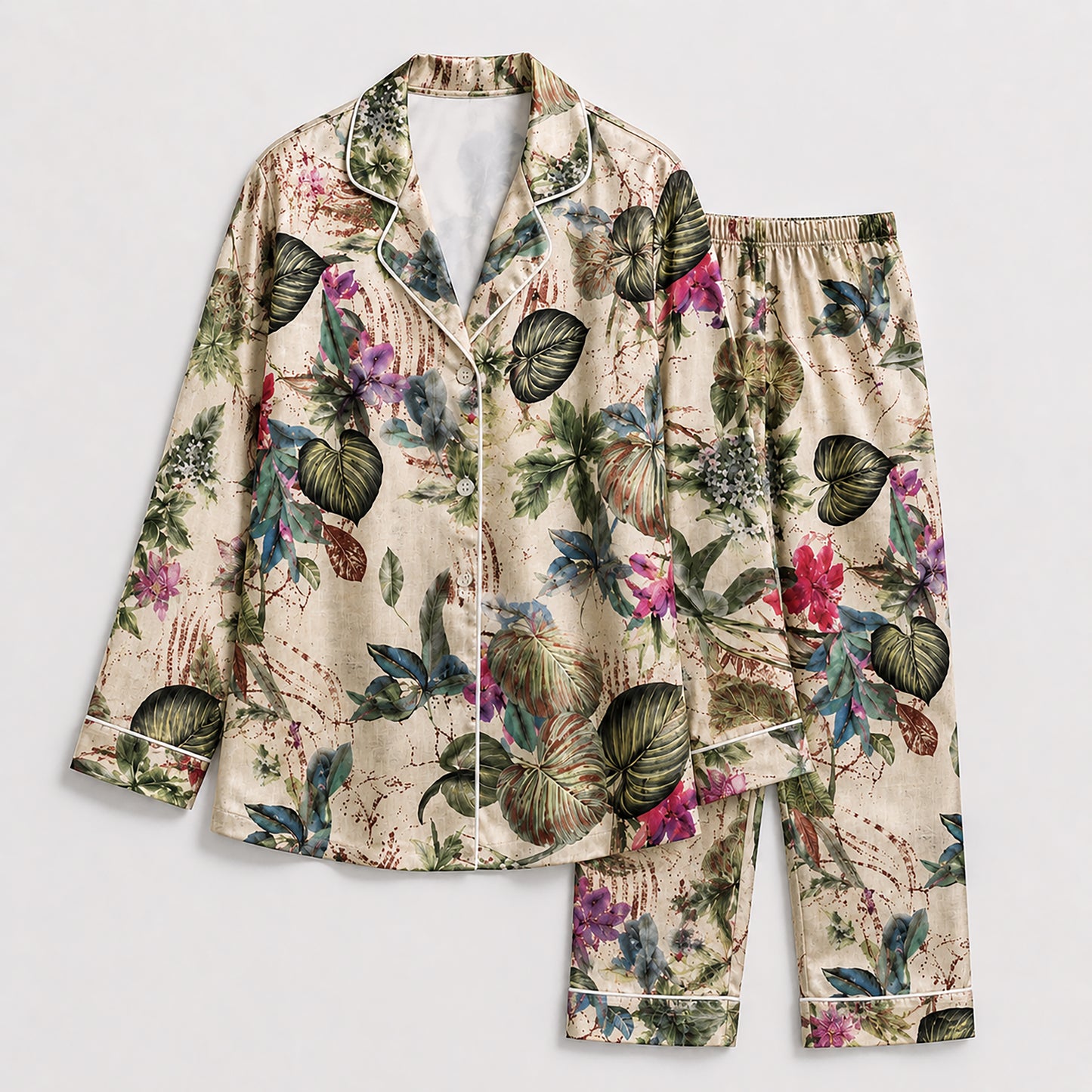 PJ-508-Beige Tropical Pajama Apparel, Botanical Pattern Loungewear Sleepwear Collection Top Bottom Matching Clothing