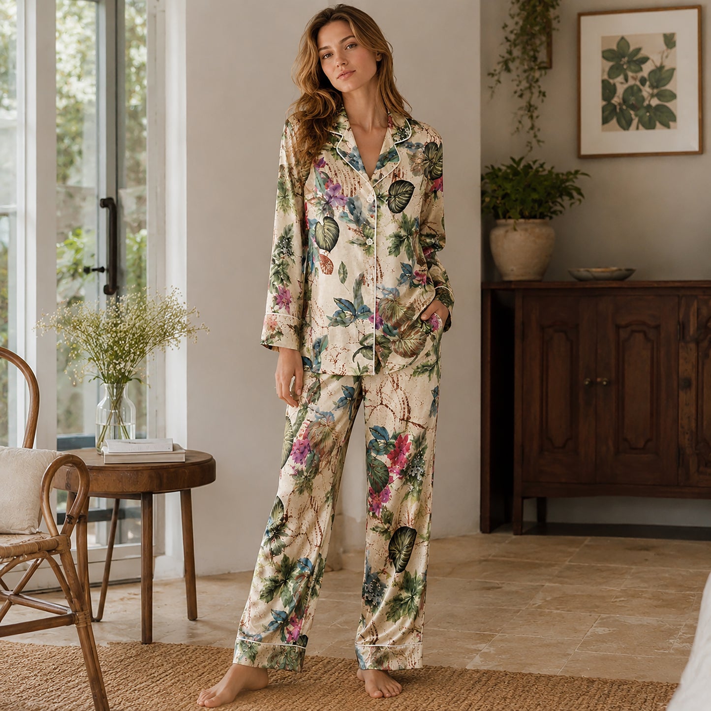 PJ-508-Beige Tropical Pajama Apparel, Botanical Pattern Loungewear Sleepwear Collection Top Bottom Matching Clothing