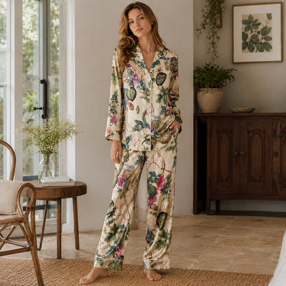 PJ-508-Beige Tropical Pajama Apparel, Botanical Pattern Loungewear Sleepwear Collection Top Bottom Matching Clothing