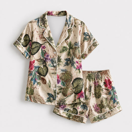PJ-508-Beige Tropical Pajama Apparel, Botanical Pattern Loungewear Sleepwear Collection Top Bottom Matching Clothing