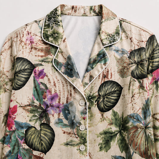 PJ-508-Beige Tropical Pajama Apparel, Botanical Pattern Loungewear Sleepwear Collection Top Bottom Matching Clothing
