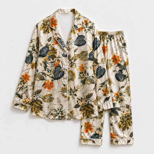 PJ-509-Fabric Aesthetic Pajama Apparel, Whimsical Leafy Graphic Loungewear Sleepwear Collection Top Bottom Raiment