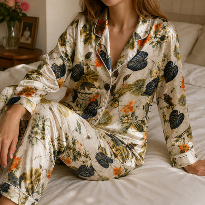 PJ-509-Fabric Aesthetic Pajama Apparel, Whimsical Leafy Graphic Loungewear Sleepwear Collection Top Bottom Raiment