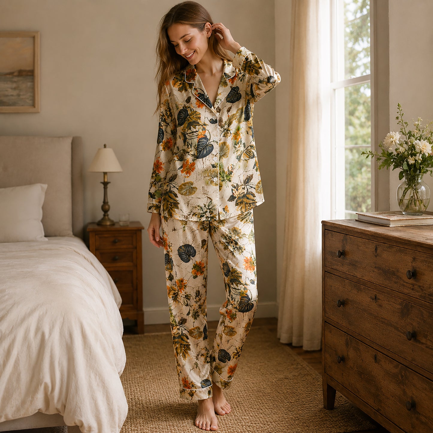PJ-509-Fabric Aesthetic Pajama Apparel, Whimsical Leafy Graphic Loungewear Sleepwear Collection Top Bottom Raiment