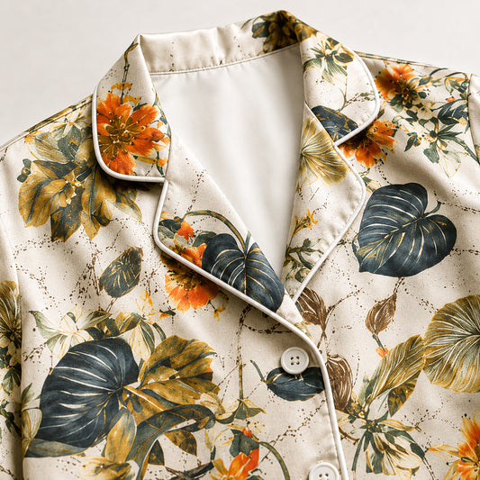 PJ-509-Fabric Aesthetic Pajama Apparel, Whimsical Leafy Graphic Loungewear Sleepwear Collection Top Bottom Raiment
