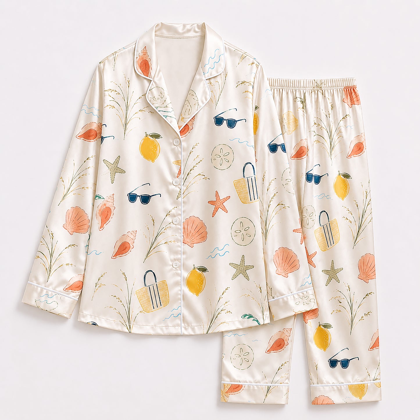 PJ-510-Beige Fabric Nightwear Pajama Apparel, Whimsical Coastal Component Loungewear Sleepwear Collection Top Bottom Vesture