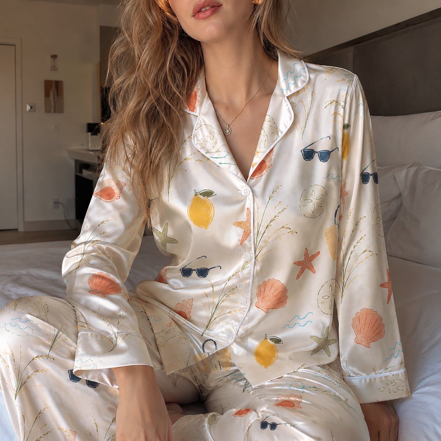 PJ-510-Beige Fabric Nightwear Pajama Apparel, Whimsical Coastal Component Loungewear Sleepwear Collection Top Bottom Vesture