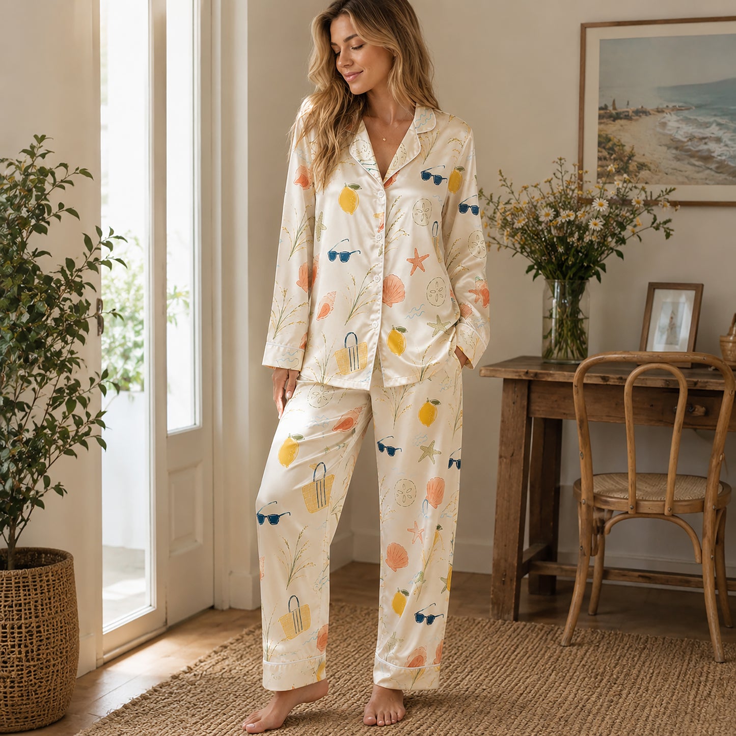 PJ-510-Beige Fabric Nightwear Pajama Apparel, Whimsical Coastal Component Loungewear Sleepwear Collection Top Bottom Vesture