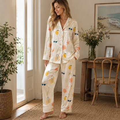 PJ-510-Beige Fabric Nightwear Pajama Apparel, Whimsical Coastal Component Loungewear Sleepwear Collection Top Bottom Vesture