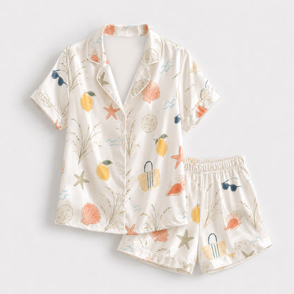 PJ-510-Beige Fabric Nightwear Pajama Apparel, Whimsical Coastal Component Loungewear Sleepwear Collection Top Bottom Vesture