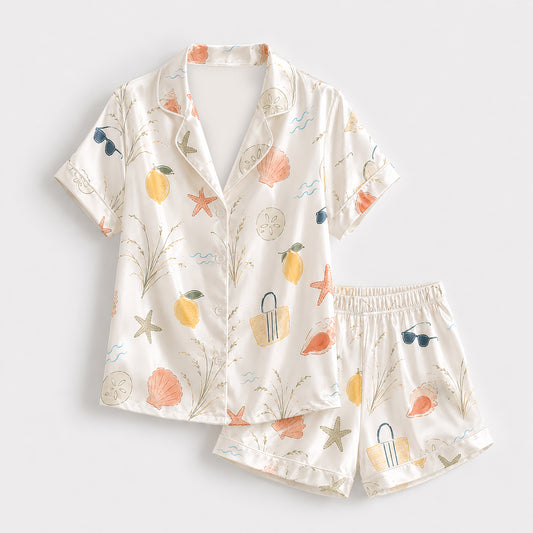 PJ-510-Beige Fabric Nightwear Pajama Apparel, Whimsical Coastal Component Loungewear Sleepwear Collection Top Bottom Vesture