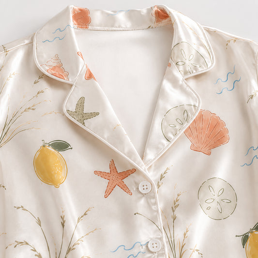 PJ-510-Beige Fabric Nightwear Pajama Apparel, Whimsical Coastal Component Loungewear Sleepwear Collection Top Bottom Vesture