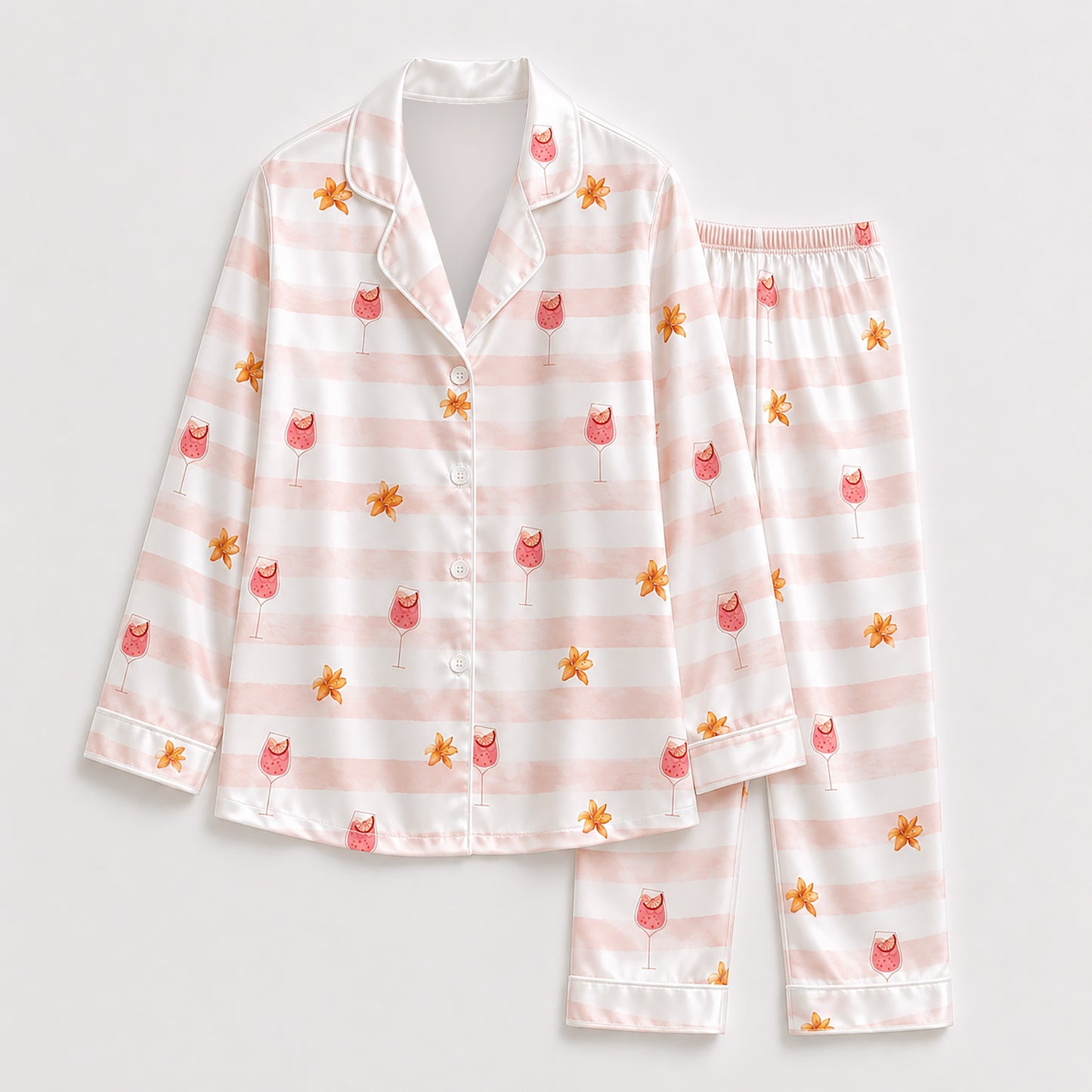 PJ-511-Pink Striped Cocktail Floral Satin Pajama Set Tropical Drink Sleepwear Button Up Loungewear