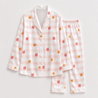 PJ-511-Pink Striped Cocktail Floral Satin Pajama Set Tropical Drink Sleepwear Button Up Loungewear