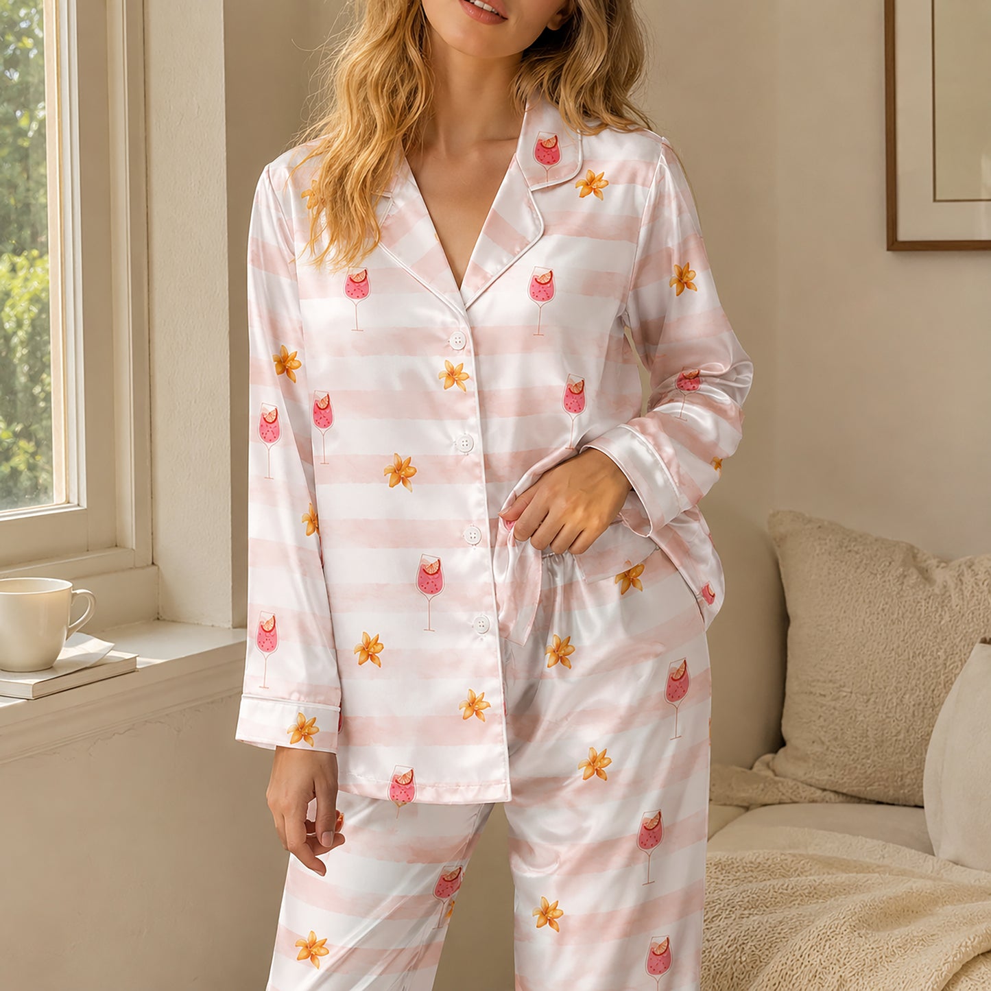 PJ-511-Pink Striped Cocktail Floral Satin Pajama Set Tropical Drink Sleepwear Button Up Loungewear