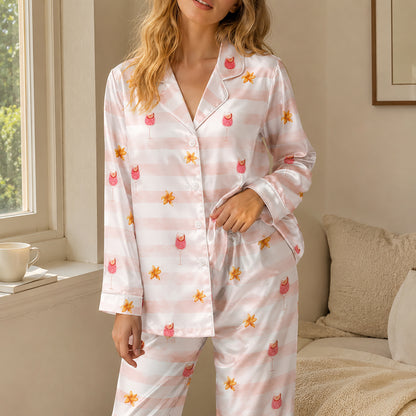 PJ-511-Pink Striped Cocktail Floral Satin Pajama Set Tropical Drink Sleepwear Button Up Loungewear