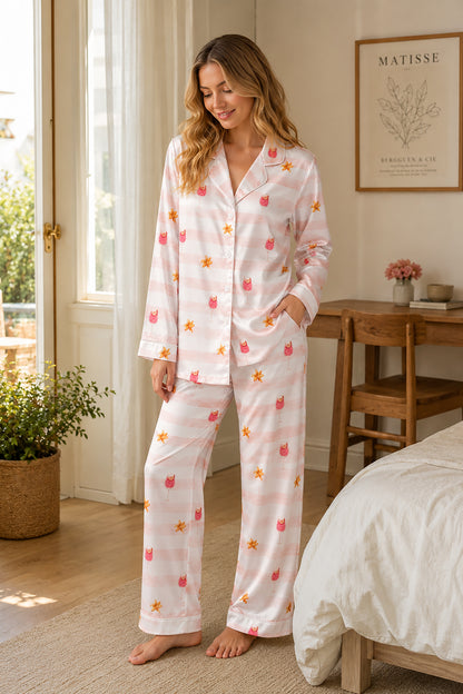 PJ-511-Pink Striped Cocktail Floral Satin Pajama Set Tropical Drink Sleepwear Button Up Loungewear