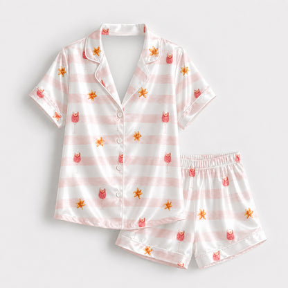 PJ-511-Pink Striped Cocktail Floral Satin Pajama Set Tropical Drink Sleepwear Button Up Loungewear