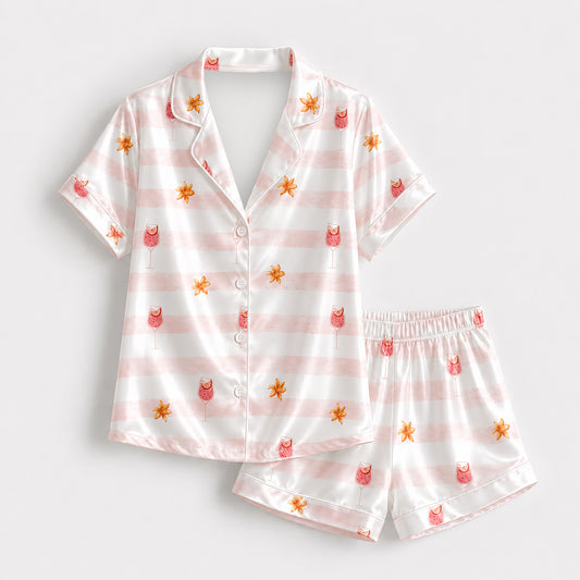 PJ-511-Pink Striped Cocktail Floral Satin Pajama Set Tropical Drink Sleepwear Button Up Loungewear
