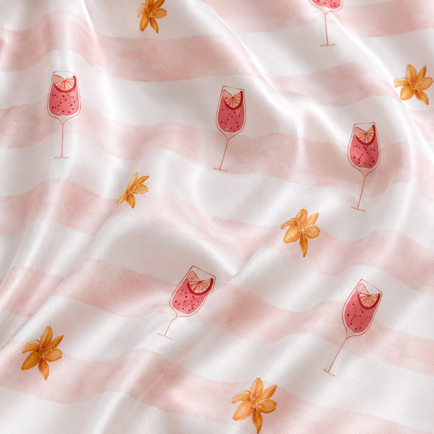 PJ-511-Pink Striped Cocktail Floral Satin Pajama Set Tropical Drink Sleepwear Button Up Loungewear