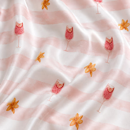 PJ-511-Pink Striped Cocktail Floral Satin Pajama Set Tropical Drink Sleepwear Button Up Loungewear