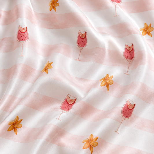 PJ-511-Pink Striped Cocktail Floral Satin Pajama Set Tropical Drink Sleepwear Button Up Loungewear
