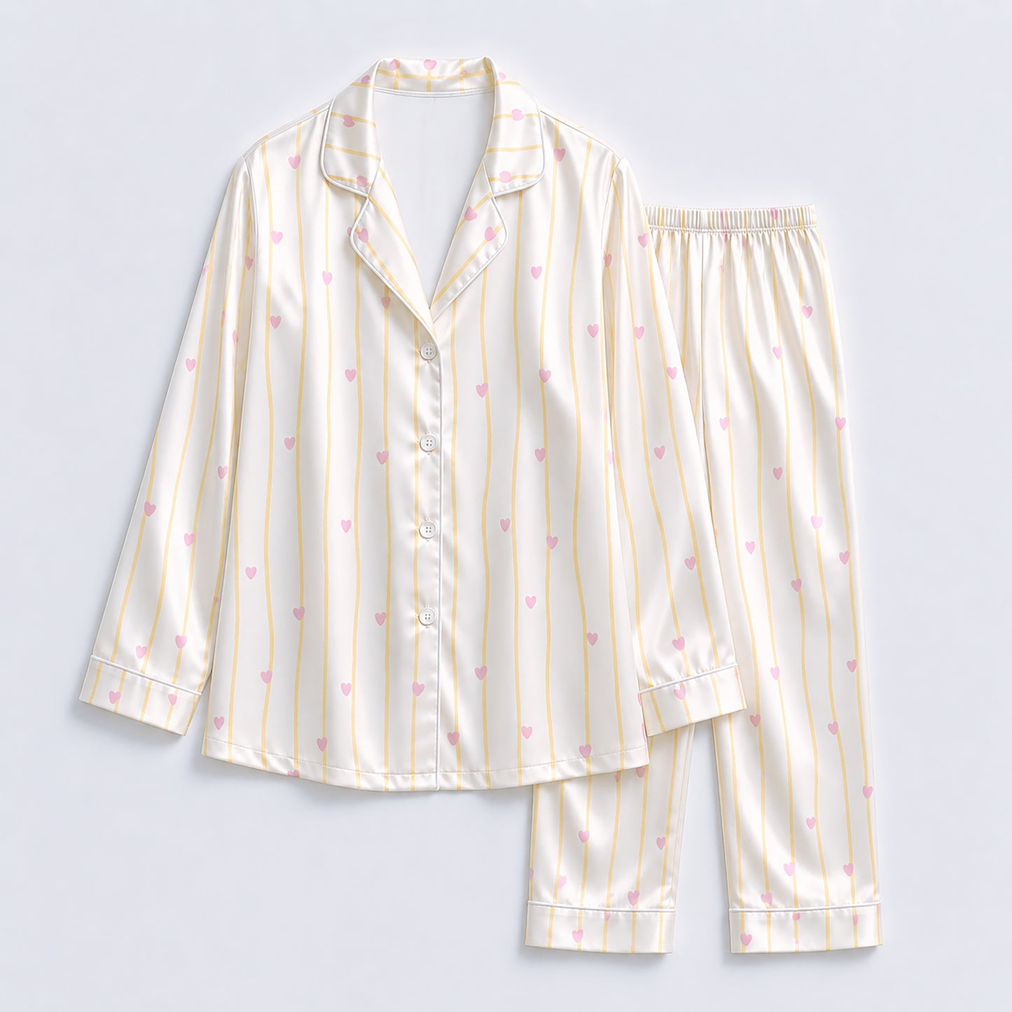 PJ-512- Pink Heart Yellow Stripe White Satin Pajama Set Coquette Sleepwear Button Up Loungewear