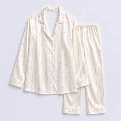 PJ-512- Pink Heart Yellow Stripe White Satin Pajama Set Coquette Sleepwear Button Up Loungewear