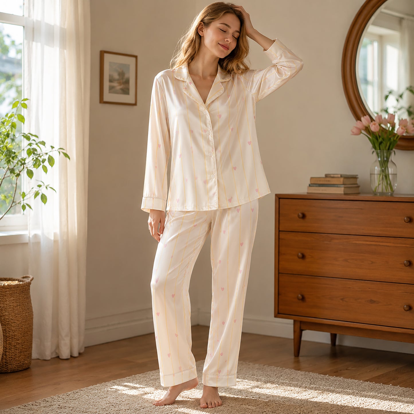 PJ-512- Pink Heart Yellow Stripe White Satin Pajama Set Coquette Sleepwear Button Up Loungewear