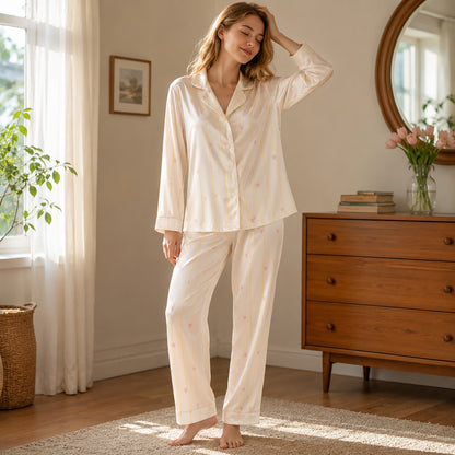 PJ-512- Pink Heart Yellow Stripe White Satin Pajama Set Coquette Sleepwear Button Up Loungewear